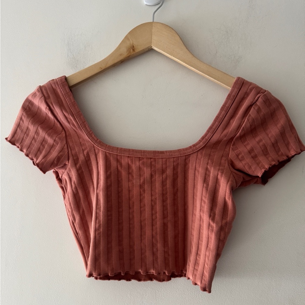 Aerie Offline‎ Salmon Pink Ribbed Square Neck Crop Top Lettuce Hem